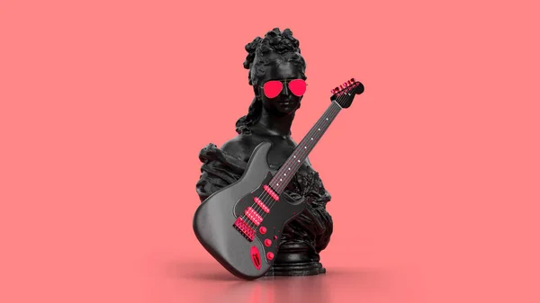 3d render bust woman with electro guitar in pink bacground