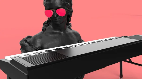3Dレンダリング黒女性でピンクの背景にピアノ音楽の背景 — ストック写真