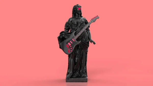 Καθιστούν Μαύρο Άγαλμα Της Γυναίκας Κιθάρα Πλήρες Μήκος Μουσικό Υπόβαθρο — Φωτογραφία Αρχείου