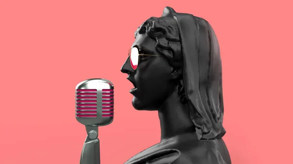 3D渲染一个戴眼镜带麦克风的歌手 一个古董雕像 — 图库照片