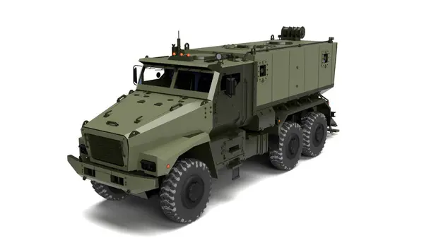 3Dは孤立した兵士の視点のためのロシアの軍用車をレンダリングします ストックフォト