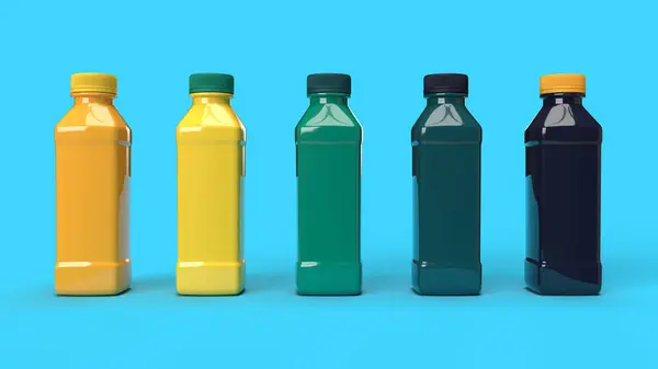 stock image 3d render colored bottles in on the blue bacground front