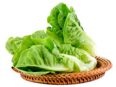 Beyaz arka planda bir sepette taze marul (bebek çünkü)