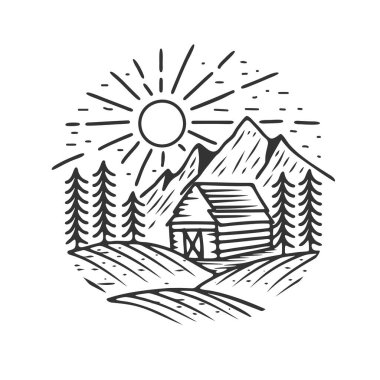 vector illustration of cabin, hand drawn pine tree, cabin and mountain design, for Travel, outdoor hiking concept.