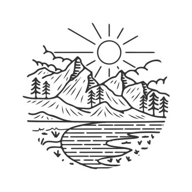 Mountain and nature line art vector logo. the concept of mountain trees and nature, perfect for adventure or nature lovers