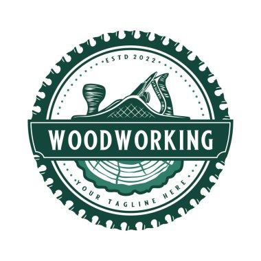 woodworking logo. wood planer, saw blade and wood beam, carpenter symbol, for carpentry or furniture