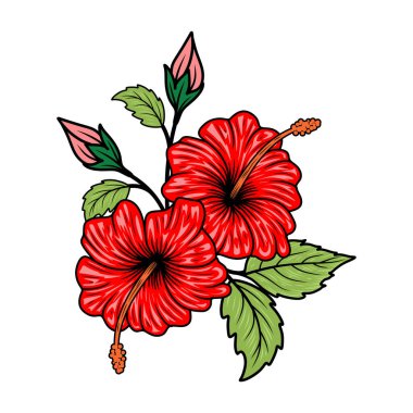 hibiscus çiçek vektör logosu. Yaprak, dal ve çiçek tasarım elementleri, etiketler, işaretler için. Vektör illüstrasyonu