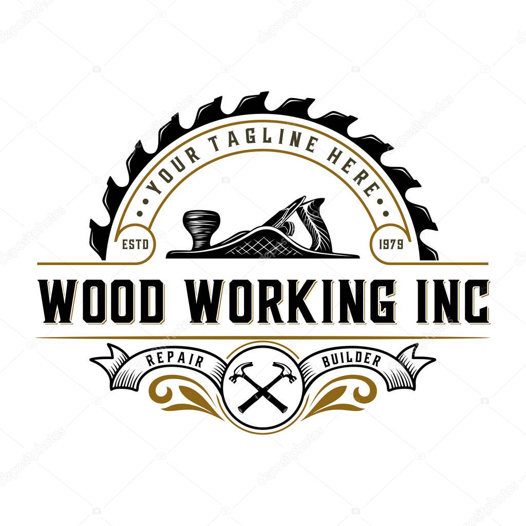 Carpenter vintage logo design. hand plane and saw icon, for carpentry, furniture, construction and home improvement.