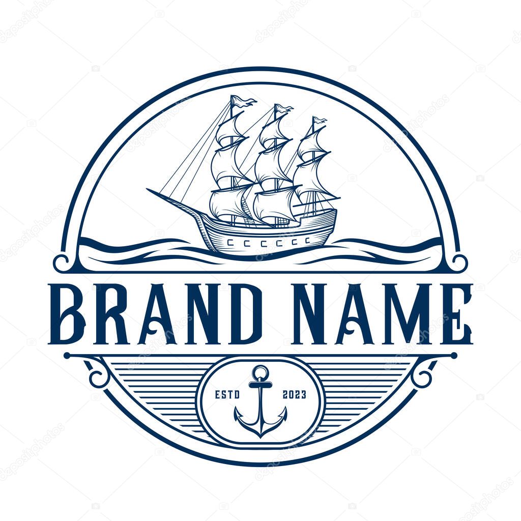 Ship logo design. ship on sea water, with anchor as an icon, nautical or adventure design related to the sea