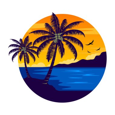 Plaj vektör logosu. Plaj, palmiye ağaçları ve günbatımı konsepti.