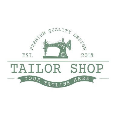 Terzi vektör logosu. Terzi dükkanı, giysi ve tekstil endüstrisi için dikiş makinesi ögesi