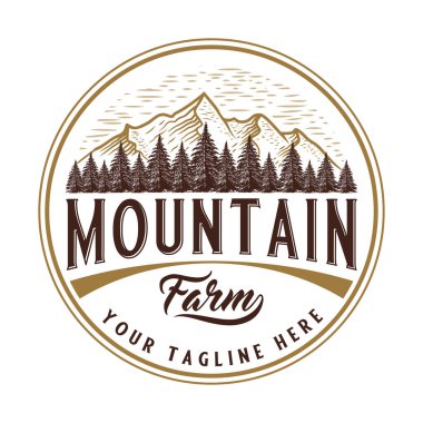 Dağ vektör logosu tasarımı. Dağların ve çam ağaçlarının resmi. Macera için.