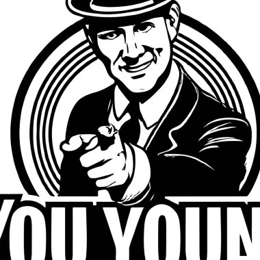 Vintage Advertising Man Pointing You Black And White Logo Style.