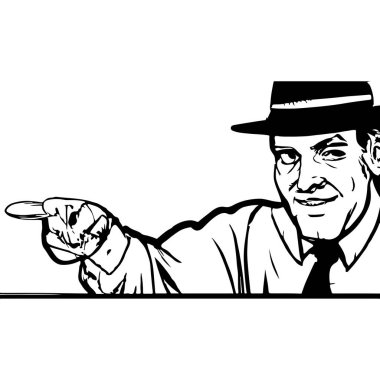Vintage Advertising Man Pointing Black And White Logo Style.