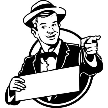 Vintage Advertising Man Pointing Black And White Logo Style.
