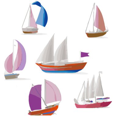 Sailing Ships Colorful Vector Icons Separated On White Background. Handmade vector art.