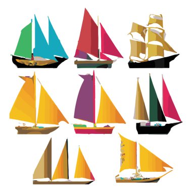 Beautiful Types Of Sailing Ships Colorful Vector Icons Separated On White Background. Handmade vector art.
