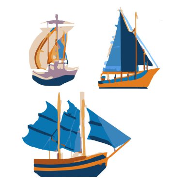 Asian Sailing Ships Colorful Vector Icons Separated On White Background. Handmade vector art.