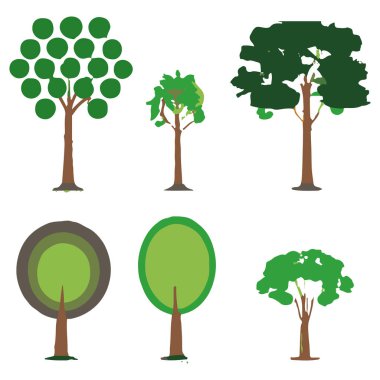 Vector Icons Of Various Types Of Trees Showing In Summer. Handmade vector art.
