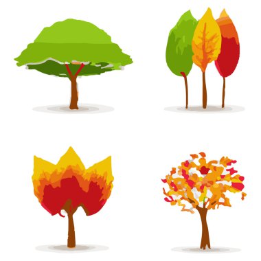 Vector Icons Of Various Types Of Trees Showing In Autumn. Handmade vector art.