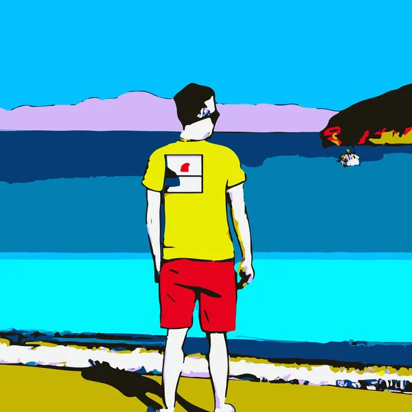 Man Beach Calm Illustration Dalam Bahasa Inggris - Stok Vektor