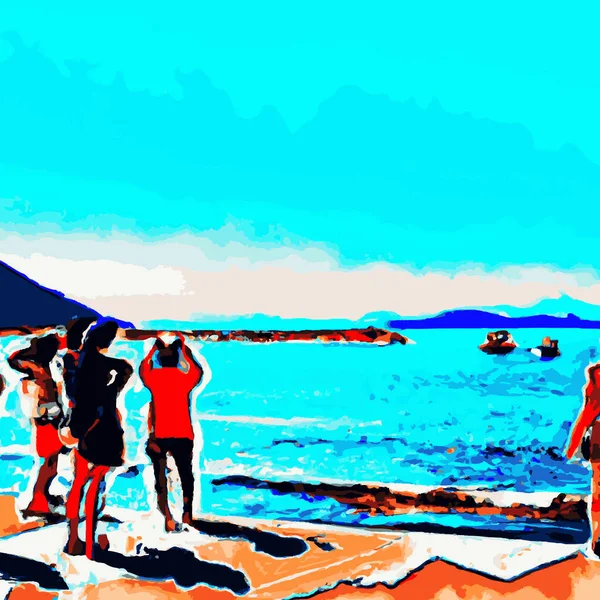 希腊海滩上的人们 — 图库矢量图片