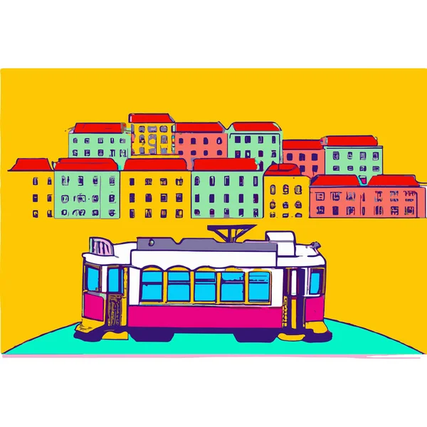 Lisbonne Portugal City Skyline Tram Illustration — Image vectorielle