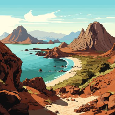 Komodo Adaları, Endonezya, Renkli Vektör Çizimi