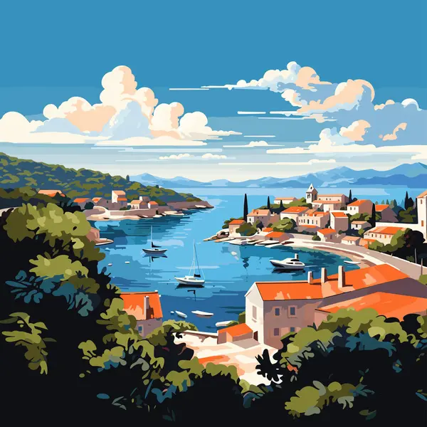 Hvar Pakleni Islands Croatia Colorful Vector Drawing — 图库矢量图片