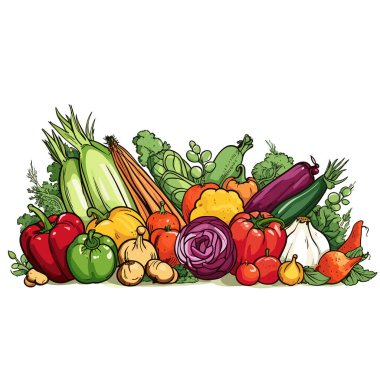 Farklı sebzelerden oluşan bir demet beyaz arka planda canlı karikatür, ayrıntılı sınırlar, kalın renkler, güçlü çizgiler şeklinde yerleştirilmiştir.