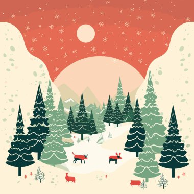 Orman Vektörü İllüstrasyonunda Noel Baba, Yüzyılın Ortası İllüzyonu, Zengin Renkli Gökyüzü, Kırmızı ve Cyan, Yumuşak, Romantik Manzaralar