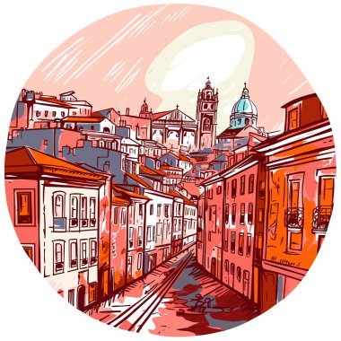 Lizbon 'daki eski binanın sokak çizimi, açık kırmızı ve Amber stili, psikedelik ilüzyon, yuvarlak şekiller, Teraslı şehir manzaraları.