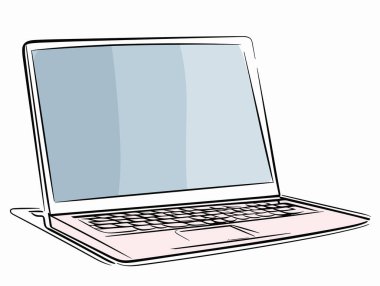 Dizüstü bilgisayarın çizimi, açık pembe şeklinde, temiz çizgi çalışması, ekran tonlarının kullanımı, parlak / parlak