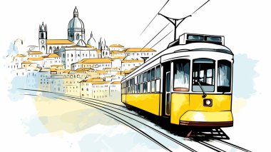 Lizbon Tramvayı 'nda, editörel karikatür, açık sarı ve gri, Portekiz manzaraları.