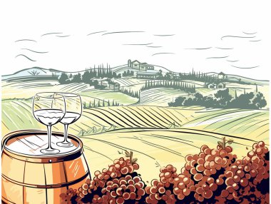 Üzüm bağına bakan üzümlü bir fıçıda iki kadeh şarap, canlı resimler, İtalyan manzaraları, geniş manzaralar.