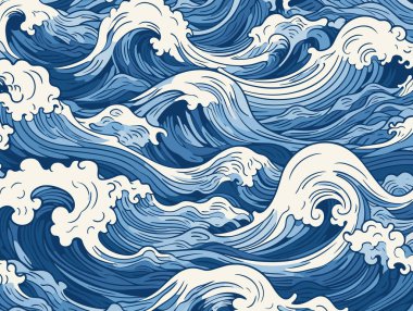 Asyalı ressam ve ressam tarafından tasarlanan güzel bir mavi deniz dalgası deseni, hava durumu sunumu, çok detaylı çizimler, pop sanat Newwave