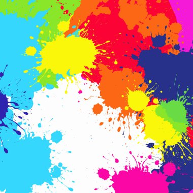 Kırmızı zemine renkli mürekkep sıçradı, parlak renkli grafiti tarzında, koyu mavi ve açık sarı.