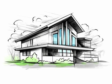 Modern House in Sketch Vector 'un el çizimi, yüksek dinamik aralık, hassas çizgiler ve şekiller, gerçekçi ve detaylı çizimler tarzında.