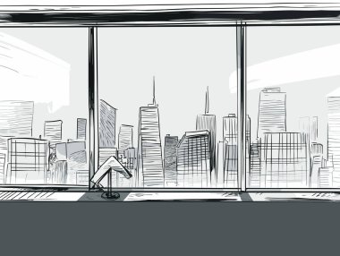 Dr. Wilky 'nin Cityscape Ofisi' ndeki eskiz, ışık kutusu, siyah atmosfer, puslu manzaralar, çağdaş karikatür, çağdaş cam...