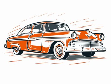 Beyaz arka planda, hız ve hareket biçimi, ahşap kesim ve Linocut, karikatür tasarımı tarzında 1950S model bir araba çizimi.