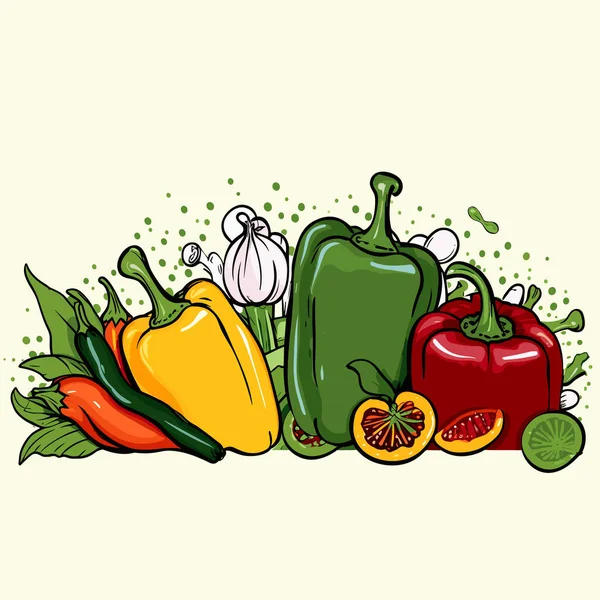 Verduras Dibujadas Mano Antecedentes Frutas Estilo Líneas Suaves Curvas Verdes — Vector de stock