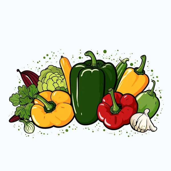 Ilustración Tomate Hoja Roja Pepinos Zanahorias Pimientos Rojos Más Estilo — Vector de stock