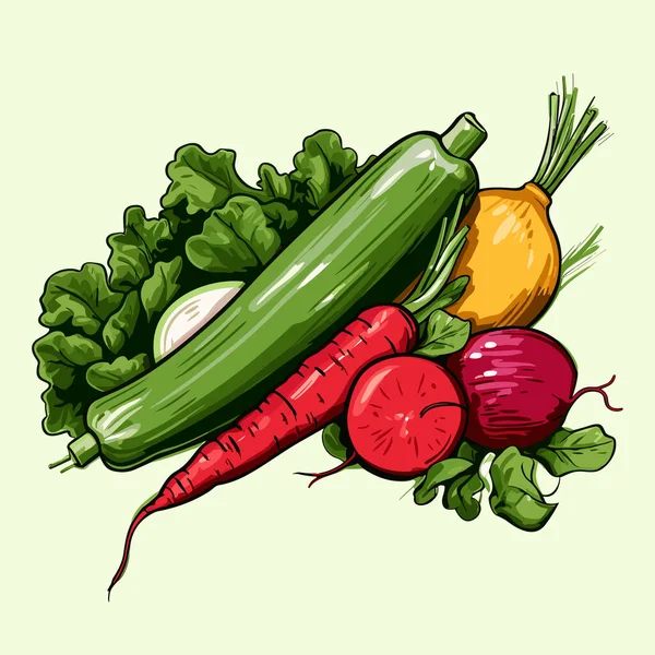 Grupp Grönsaker Med Blad Separerade Naturlig Bakgrund Stil Med Råa — Stock vektor