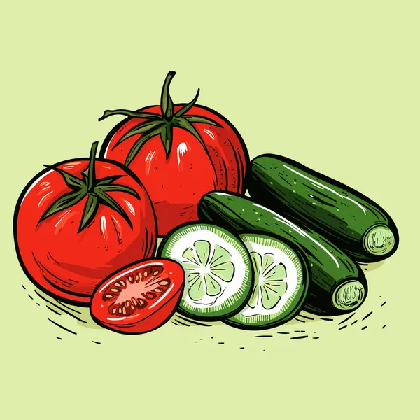 Vegetables Some Green Tomatoes Cucumber Vintage Style Style Crisp Neo — Stock Vector