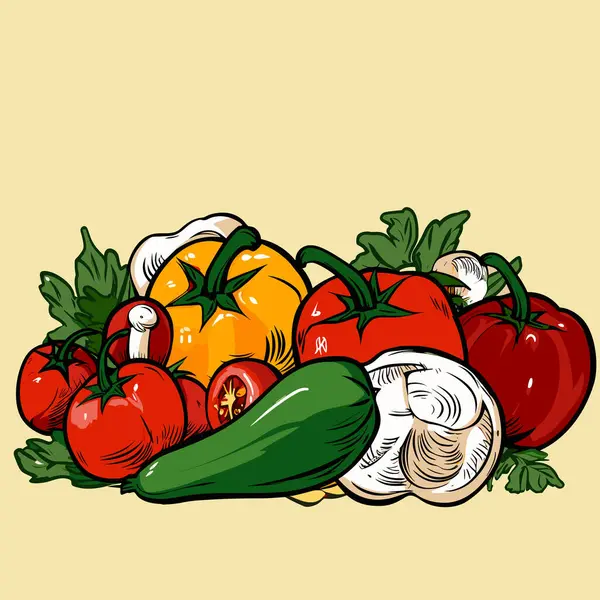 Kilka Pomidorów Innych Warzyw Pobliżu Żółtego Tła Stylu Złotego Wieku — Wektor stockowy