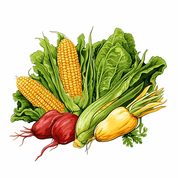 Egészséges Étel Készlet Kép Kukorica Cékla Brokkoli Stílus Reális Portré — Stock Vector