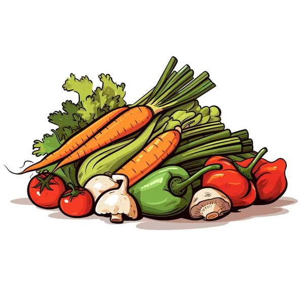 Bunch Légumes Frais Poivrons Rouges Carottes Brocoli Tomates Dans Style — Image vectorielle