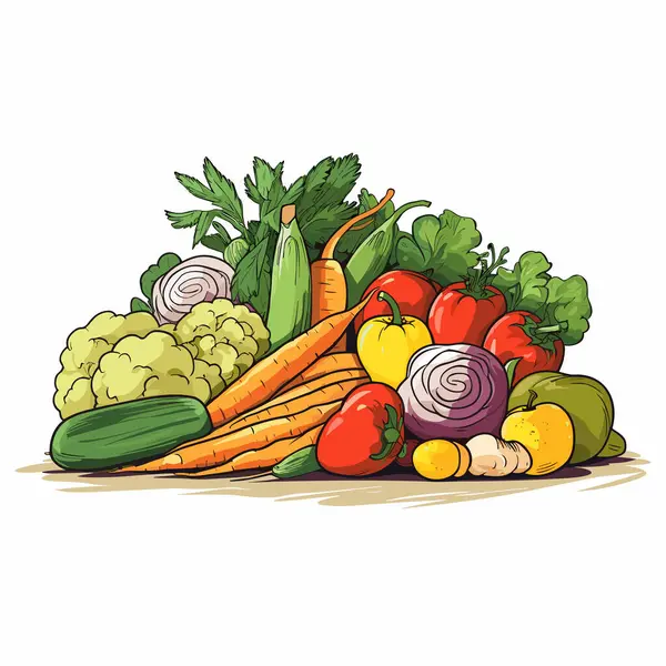 Une Pile Légumes Sur Fond Blanc Dans Style Caricatures Vibrantes — Image vectorielle