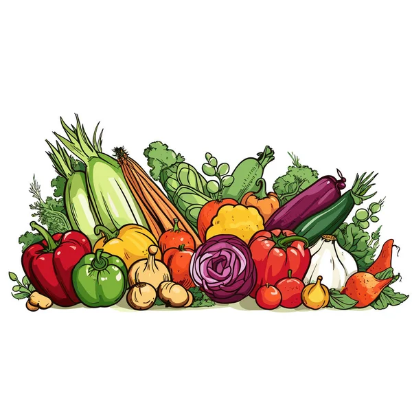 Montón Diferentes Verduras Colocan Fondo Blanco Estilo Dibujos Animados Vibrantes — Vector de stock