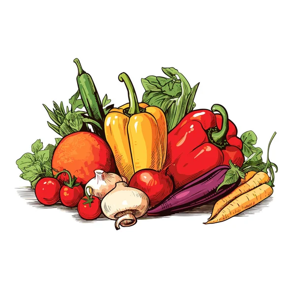 野菜は インクと色のスタイルで 白い背景に配置されています 多彩な漫画 Rtx ウォームコア ネオジオ ハイディテール — ストックベクタ